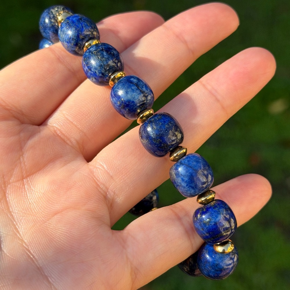 12mm stretchable‎ stainless steel lapis lazuli barrel bracelet 0770 - Picture 4 of 10